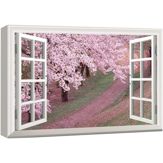 wall26 Canvas Print Wall Art Window View Pink Cherry Blossom Field Nature Wilderness Photography Modern Art Rustic Scenic Colorful Ultra for Living Room, Bedroom, Office - 12"x18"