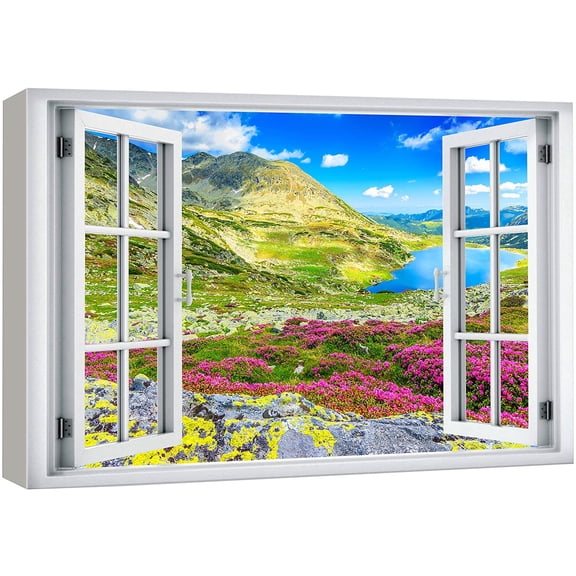 wall26 Canvas Print Wall Art Window View Rainbow Neon Flower Field Mountain Range Wilderness Nature Photography Realism Scenic Landscape Colorful Multicolor for Living Room, Bedroom, Office - 32x48