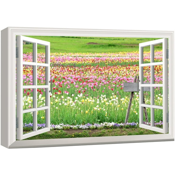 wall26 Canvas Print Wall Art Window View of Rainbow Tulip Garden Nature Wilderness Photography Realism Rustic Scenic Colorful Relax/Calm Ultra for Living Room, Bedroom, Office - 32"x48"