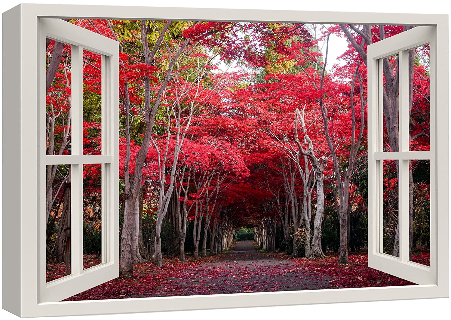 Forest Red Rustic Whitewashed Window View 24x36 Premium Canvas Gallery Wrap