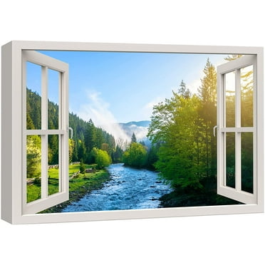 wall26 Canvas Print Wall Art Window View River Rapids Bright Green Forest Trees Wilderness Nature Photography Realism Scenic Landscape Colorful Multicolor for Living Room, Bedroom, Office - 12&quot;x