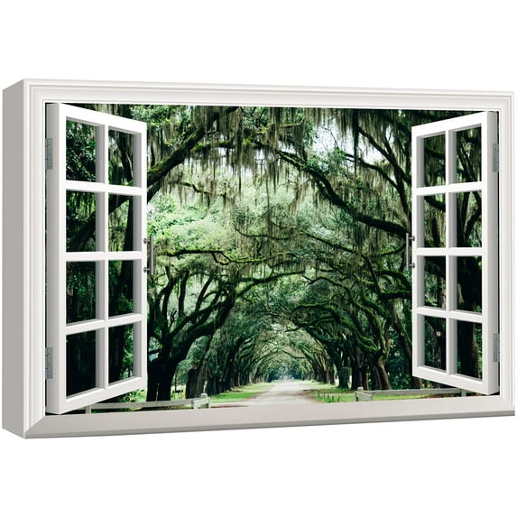 wall26 Canvas Print Wall Art Window View of Road Under Southern Trees Nature Wilderness Photography Realism Rustic Scenic Colorful Relax/Calm Ultra for Living Room, Bedroom, Office - 24"x36"