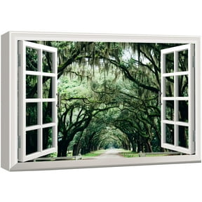 wall26 Canvas Print Wall Art Window View of Road Under Southern Trees Nature Wilderness Photography Realism Rustic Scenic Colorful Relax/Calm Ultra for Living Room, Bedroom, Office - 12"x18"