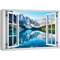 wall26 Canvas Print Wall Art Window View Rocky Mountain Forest Lake Reflection Wilderness Nature Photography Realism Scenic Landscape Colorful Multicolor for Living Room, Bedroom, Office - 24"x3