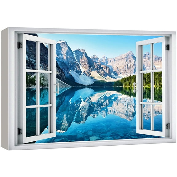 wall26 Canvas Print Wall Art Window View Rocky Mountain Forest Lake Reflection Wilderness Nature Photography Realism Scenic Landscape Colorful Multicolor for Living Room, Bedroom, Office - 24"x3