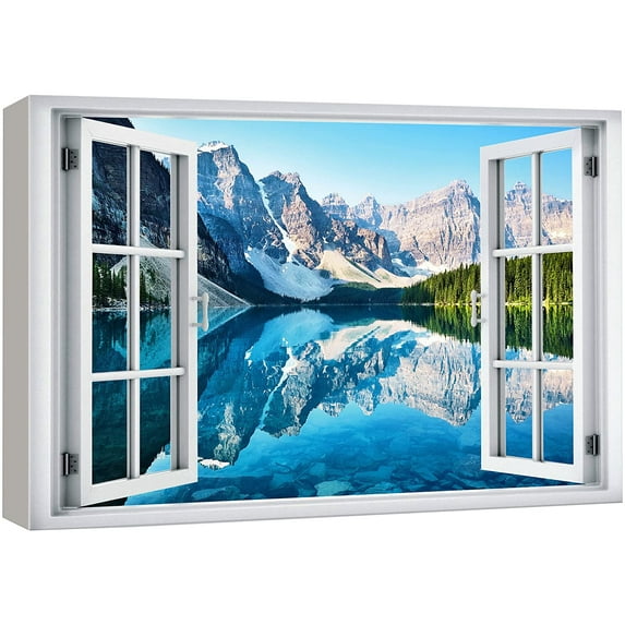 wall26 Canvas Print Wall Art Window View Rocky Mountain Forest Lake Reflection Wilderness Nature Photography Realism Scenic Landscape Colorful Multicolor for Living Room, Bedroom, Office - 12"x1