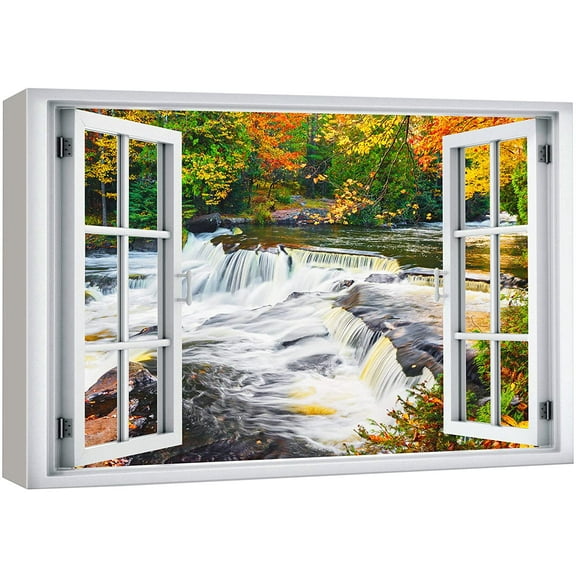 wall26 Canvas Print Wall Art Window View Rustic Autumn Fall Forest River Rapids Wilderness Nature Photography Realism Scenic Landscape Colorful Multicolor for Living Room, Bedroom, Office - 12"x