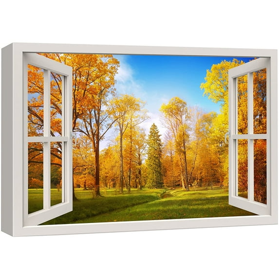wall26 Canvas Print Wall Art Window View Rustic Autumn Fall Tree Forest Field Wilderness Nature Photography Realism Scenic Landscape Colorful Multicolor for Living Room, Bedroom, Office - 32"x48
