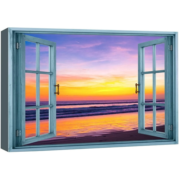 wall26 Canvas Print Wall Art Window View Rustic Purple Sunset Ocean Beach Horizon Wilderness Nature Photography Realism Scenic Landscape Colorful Multicolor for Living Room, Bedroom, Office - 12"