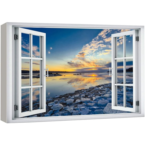 wall26 Canvas Print Wall Art Window View Rustic Vibrant Sunset Lake Reflection Wilderness Nature Photography Realism Scenic Landscape Colorful Multicolor for Living Room, Bedroom, Office - 12&quot;x1