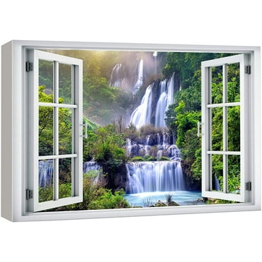 wall26 Canvas Print Wall Art Window View Rustic Waterfall Rapid Lake Stream River Wilderness Nature Photography Realism Scenic Landscape Multicolor for Living Room, Bedroom, Office - 16&quot;x24&quot