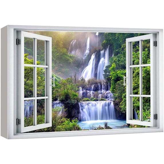 wall26 Canvas Print Wall Art Window View Rustic Waterfall Rapid Lake Stream River Wilderness Nature Photography Realism Scenic Landscape Multicolor for Living Room, Bedroom, Office - 12"x18"