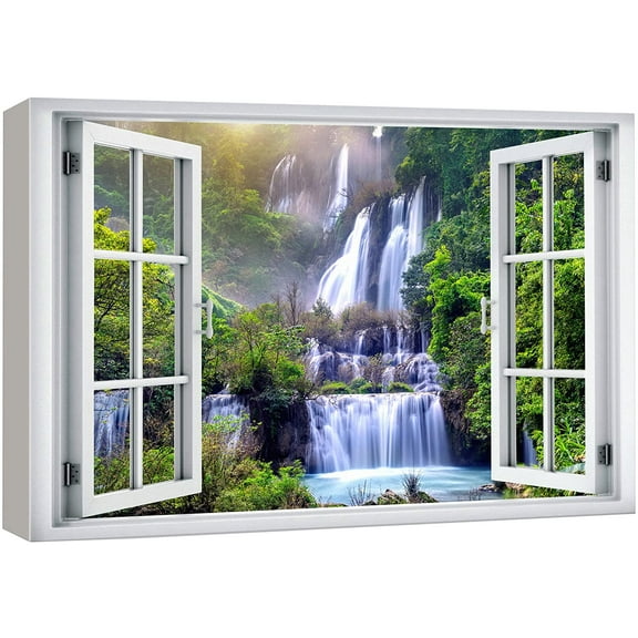 wall26 Canvas Print Wall Art Window View Rustic Waterfall Rapid Lake Stream River Wilderness Nature Photography Realism Scenic Landscape Multicolor for Living Room, Bedroom, Office - 24"x36&quot