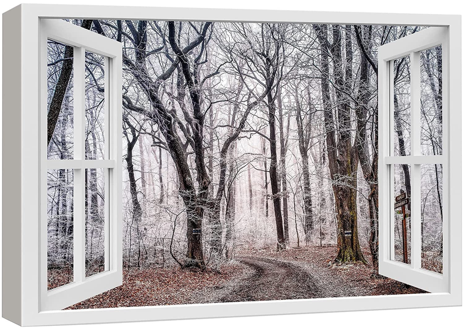 wall26 Canvas Print Wall Art Window View Rustic Winter Snow Forest Tree ...