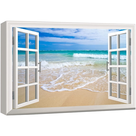 wall26 Canvas Print Wall Art Window View of Sea Waves on The Beach Nature Wilderness Photography Realism Rustic Landscape Colorful Vibrant for Living Room, Bedroom, Office - 16"x24"