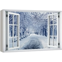 wall26 Canvas Print Wall Art Window View Snowy Winter Wonderland Forest Trail Wilderness Nature Photography Realism Scenic Landscape Colorful Multicolor for Living Room, Bedroom, Office - 12"x18