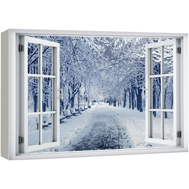 wall26 Canvas Print Wall Art Window View Snowy Winter Wonderland Forest Trail Wilderness Nature Photography Realism Scenic Landscape Colorful Multicolor for Living Room, Bedroom, Office - 12&quot;x18