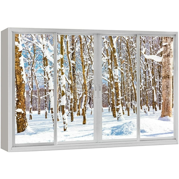 wall26 Canvas Print Wall Art Window View Snowy Winter Wonderland Tree Forest Wilderness Nature Photography Realism Scenic Landscape Colorful Multicolor for Living Room, Bedroom, Office - 12&quot;x18&