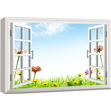 wall26 Canvas Print Wall Art Window View Spring Pink &amp; Yellow Daisy Field Nature Wilderness Photography Modern Art Rustic Scenic Colorful Ultra for Living Room, Bedroom, Office - 32&quot;x48&quot