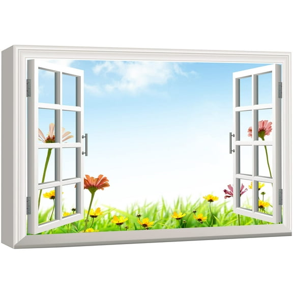 wall26 Canvas Print Wall Art Window View Spring Pink &amp; Yellow Daisy Field Nature Wilderness Photography Modern Art Rustic Scenic Colorful Ultra for Living Room, Bedroom, Office - 24"x36&quot