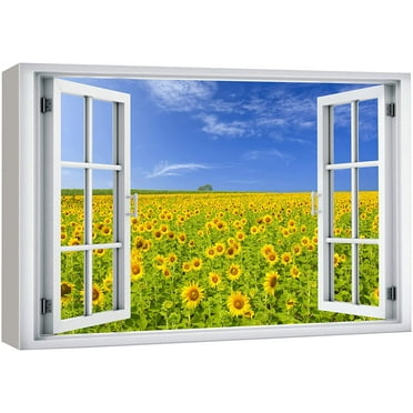 wall26 Canvas Print Wall Art Window View Spring Yellow Sunflower Country Field Wilderness Nature Photography Realism Scenic Landscape Colorful Multicolor for Living Room, Bedroom, Office - 12&quot;x1