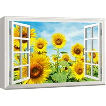 wall26 Canvas Print Wall Art Window View of Sunflower Field Nature Wilderness Photography Realism Rustic Scenic Colorful Relax/Calm Ultra for Living Room, Bedroom, Office - 12"x18"