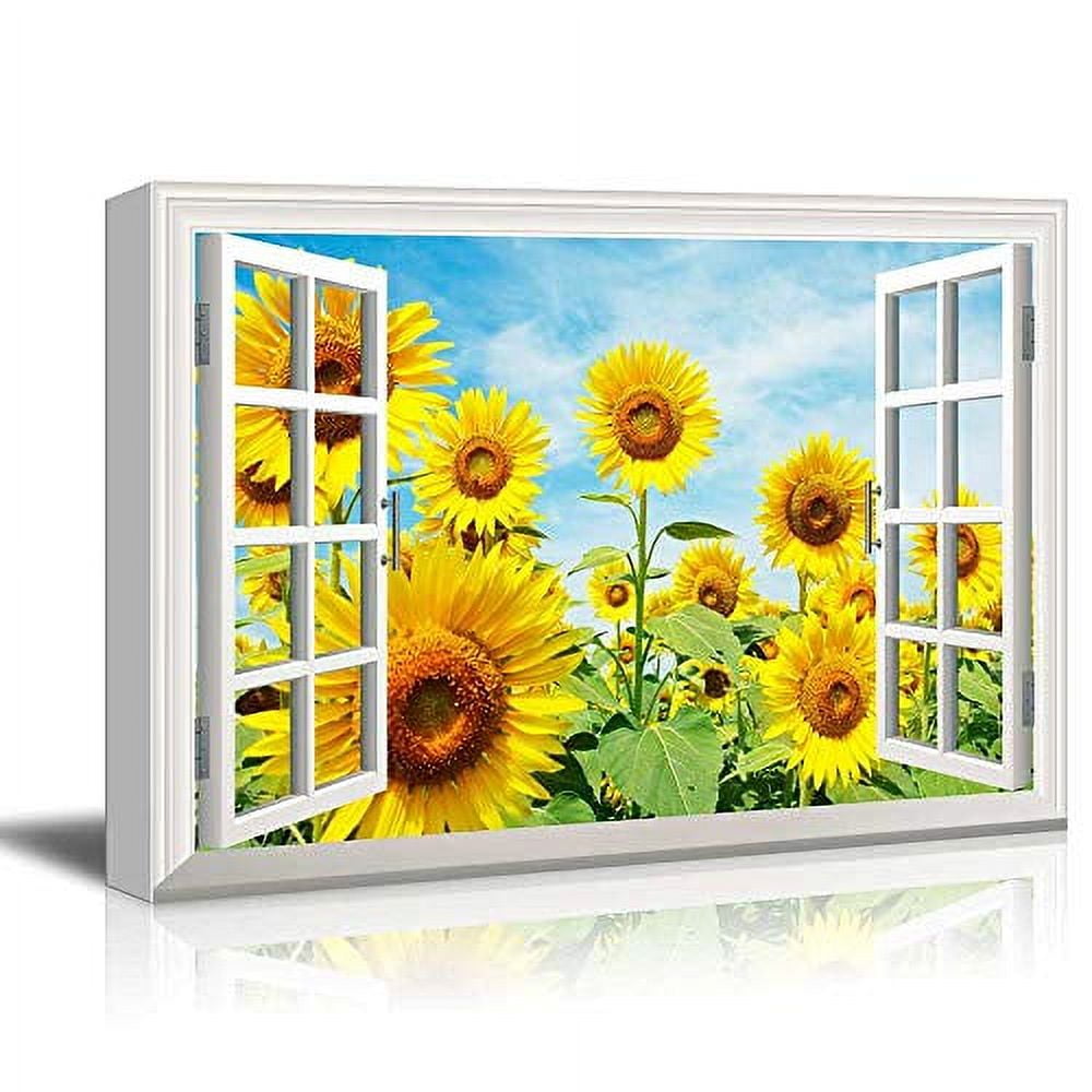 wall26 Canvas Print Wall Art Window View of Sunflower Field Nature