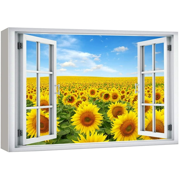 wall26 Canvas Print Wall Art Window View Sunflower Floral Botanical Country Field Wilderness Nature Photography Realism Scenic Landscape Colorful Multicolor for Living Room, Bedroom, Office - 32&quot