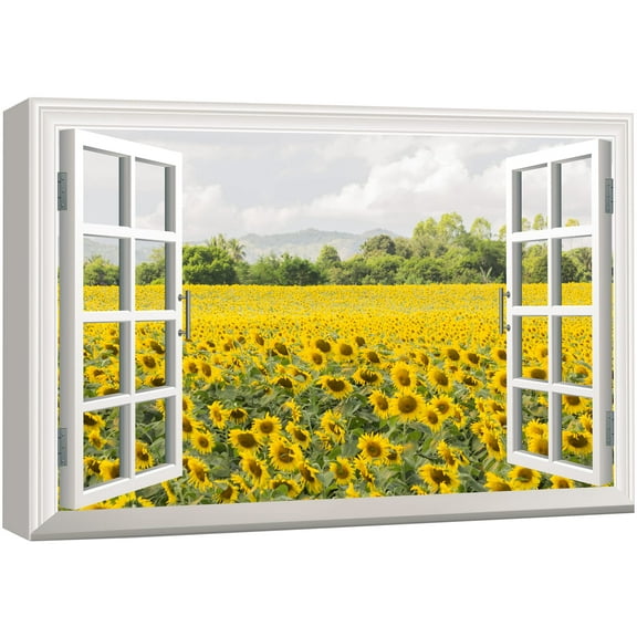 wall26 Canvas Print Wall Art Window View of Sunflower Valley Nature Wilderness Photography Realism Rustic Scenic Colorful Relax/Calm Ultra for Living Room, Bedroom, Office - 16"x24"