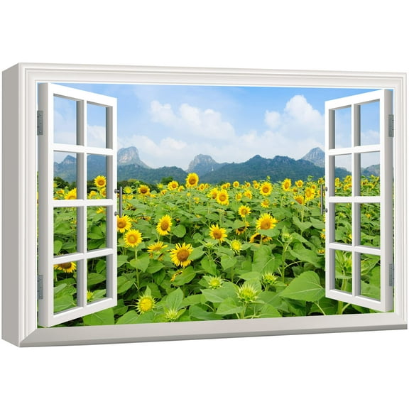 wall26 Canvas Print Wall Art Window View of Sunflowers &amp; Mountains Nature Wilderness Photography Realism Rustic Scenic Colorful Relax/Calm Ultra for Living Room, Bedroom, Office - 16"x24&quo