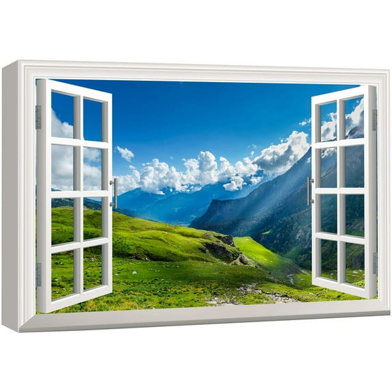 wall26 Canvas Print Wall Art Window View of Sunlight Over Mountain Valley Nature Wilderness Photography Realism Rustic Scenic Colorful Relax/Calm Ultra for Living Room, Bedroom, Office - 16"x24&