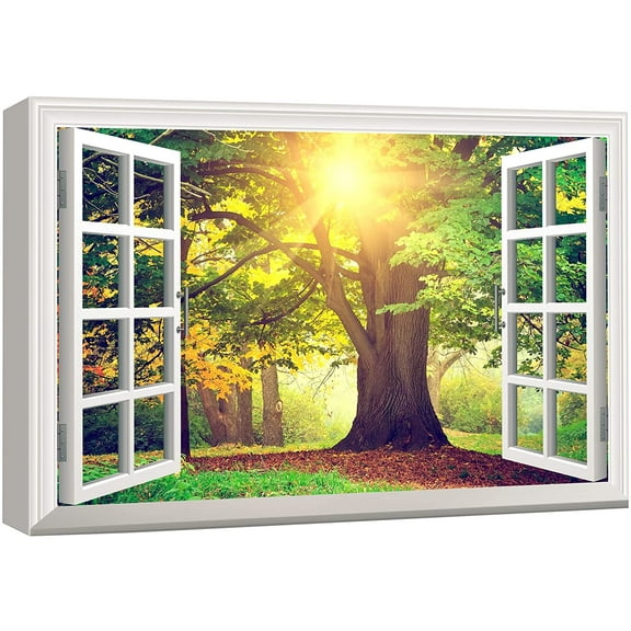 wall26 Canvas Print Wall Art Window View to Sunlight Shining Over Trees Nature Wilderness Photography Realism Rustic Landscape Colorful Multicolor Ultra for Living Room, Bedroom, Office - 16"x24