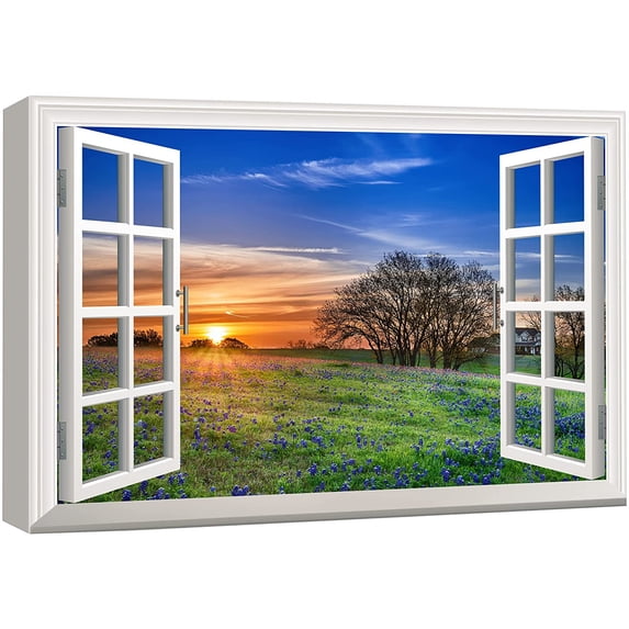 wall26 Canvas Print Wall Art Window View to Sunrise Over Flower Field Nature Wilderness Photography Realism Rustic Landscape Colorful Multicolor Ultra for Living Room, Bedroom, Office - 32"x48&q