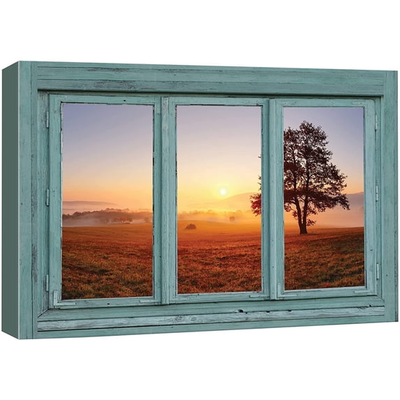 wall26 Canvas Print Wall Art Window View of Sunrise Over Misty Field Nature Wilderness Photography Realism Rustic Landscape Colorful Vibrant for Living Room, Bedroom, Office - 12"x18"