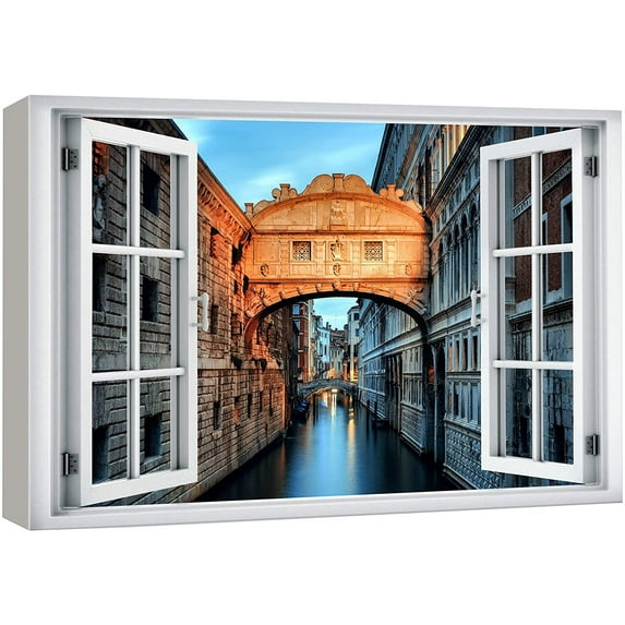 wall26 Canvas Print Wall Art Window View Sunset Italian Venice Canal Cityscape Wilderness Nature Photography Realism Scenic Landscape Colorful Multicolor for Living Room, Bedroom, Office - 16"x2