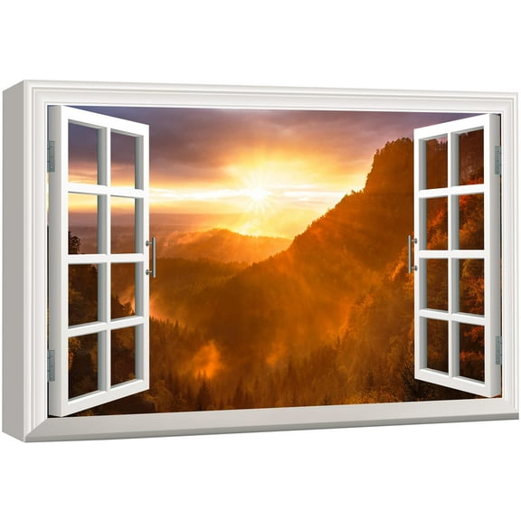 wall26 Canvas Print Wall Art Window View of Sunset Over Misty Valley Nature Wilderness Photography Realism Rustic Scenic Colorful Relax/Calm Ultra for Living Room, Bedroom, Office - 24"x36"