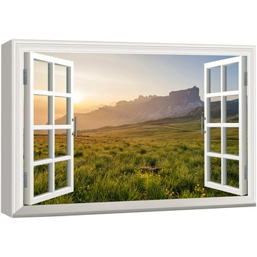 wall26 Canvas Print Wall Art Window View of Sunset Mountain Meadow Nature Wilderness Photography Realism Rustic Scenic Colorful Relax/Calm Ultra for Living Room, Bedroom, Office - 24&quot;x36&quot;