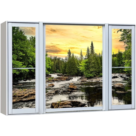 wall26 Canvas Print Wall Art Window View Sunset Pine Tree Forest Lake Reflection Wilderness Nature Photography Realism Scenic Landscape Colorful Multicolor for Living Room, Bedroom, Office - 32"