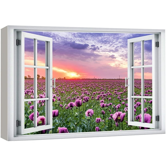 wall26 Canvas Print Wall Art Window View Sunset Purple Orchid Daisy Flower Field Wilderness Nature Photography Realism Scenic Landscape Colorful Multicolor for Living Room, Bedroom, Office - 12&quot;