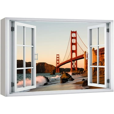 wall26 Canvas Print Wall Art Window View Sunset San Francisco Golden Gate Bridge Wilderness Nature Photography Realism Scenic Landscape Colorful Multicolor for Living Room, Bedroom, Office - 24x36