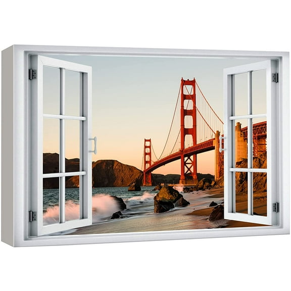 wall26 Canvas Print Wall Art Window View Sunset San Francisco Golden Gate Bridge Wilderness Nature Photography Realism Scenic Landscape Colorful Multicolor for Living Room, Bedroom, Office - 24x36
