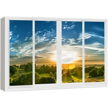 wall26 Canvas Print Wall Art Window View Sunset Sky Aerial Green Tree Forest Wilderness Nature Photography Realism Scenic Landscape Colorful Multicolor for Living Room, Bedroom, Office - 32&quot;x48&