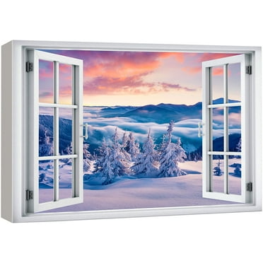 wall26 Canvas Print Wall Art Window View Sunset Winter Wonderland Mountain Range Wilderness Nature Photography Realism Scenic Landscape Colorful Multicolor for Living Room, Bedroom, Office - 16&quot;
