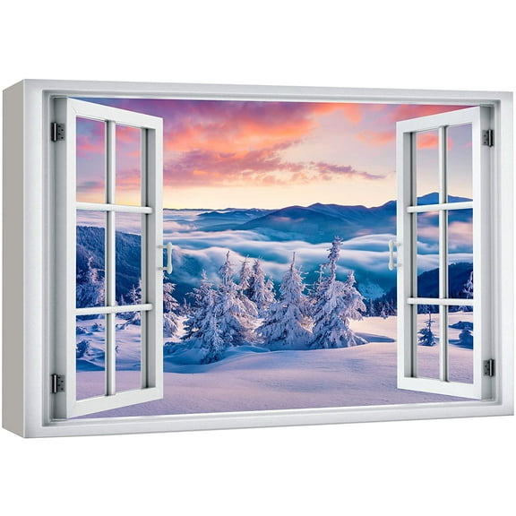 wall26 Canvas Print Wall Art Window View Sunset Winter Wonderland Mountain Range Wilderness Nature Photography Realism Scenic Landscape Colorful Multicolor for Living Room, Bedroom, Office - 16"