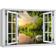 wall26 Canvas Print Wall Art Window View Swan Forest Lake Sunset Sky Zen Paradise Wilderness Nature Photography Realism Scenic Landscape Colorful Multicolor for Living Room, Bedroom, Office - 12x18