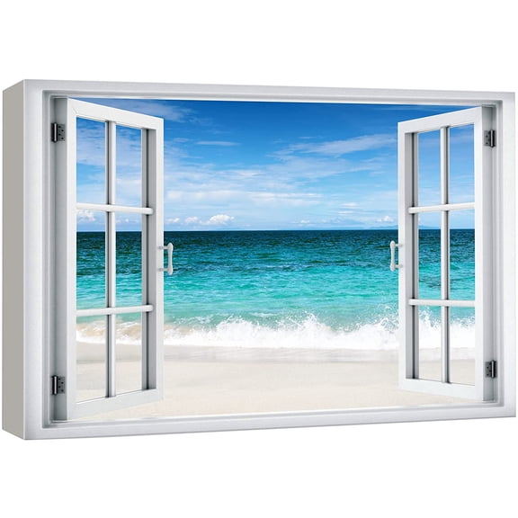wall26 Canvas Print Wall Art Window View Teal Tropical Blue Ocean Shore Horizon Wilderness Nature Photography Realism Scenic Landscape Colorful Multicolor for Living Room, Bedroom, Office - 16"x