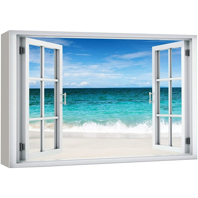 wall26 Canvas Print Wall Art Window View Teal Tropical Blue Ocean Shore Horizon Wilderness Nature Photography Realism Scenic Landscape Colorful Multicolor for Living Room, Bedroom, Office - 32&quot;x