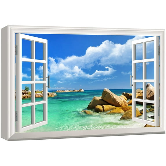 wall26 Canvas Print Wall Art Window View to The Rocky Teal Beach Nature Wilderness Photography Realism Rustic Landscape Colorful Multicolor Ultra for Living Room, Bedroom, Office - 24"x36"