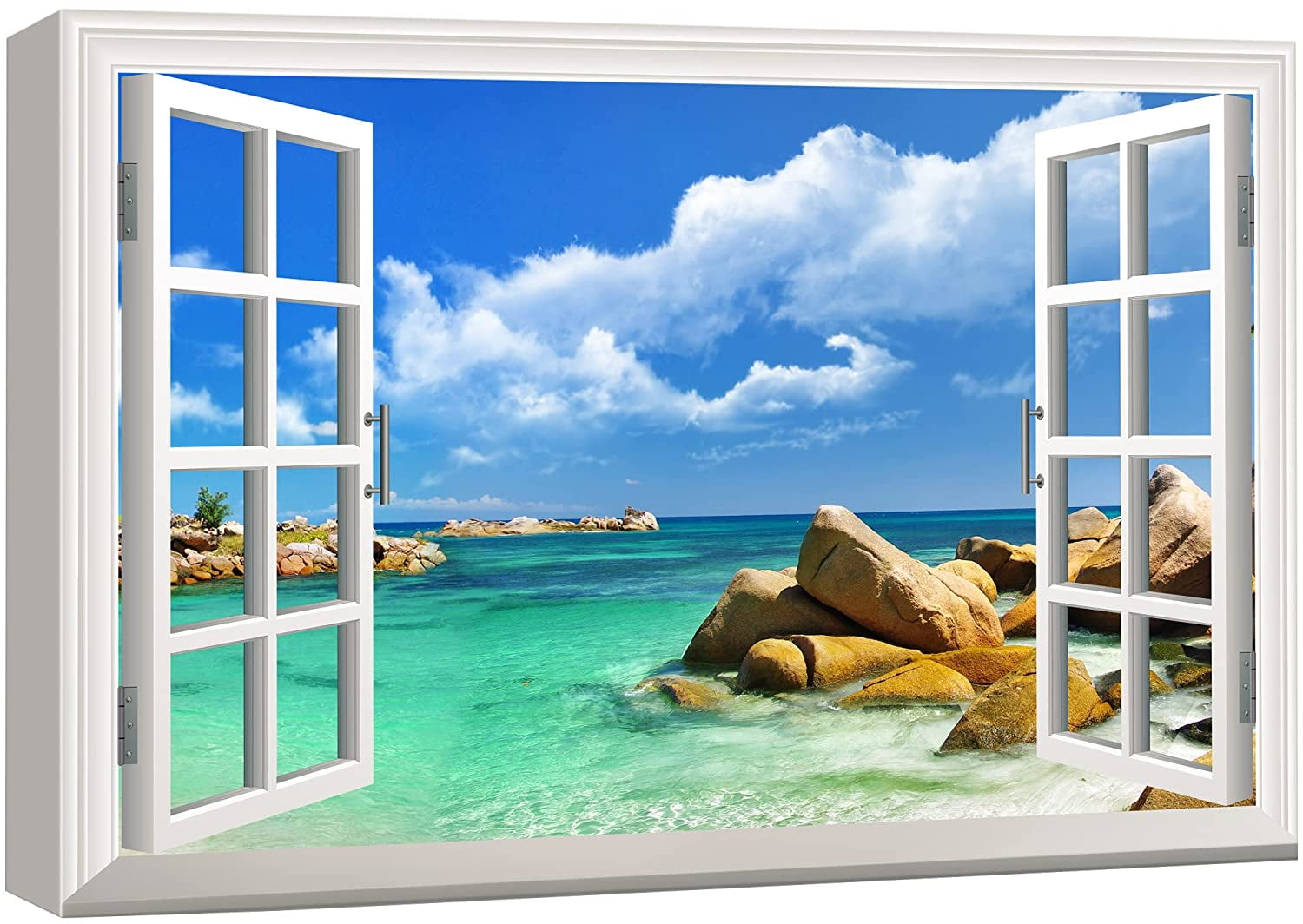 wall26 Canvas Print Wall Art Window View to The Rocky Teal Beach