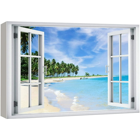 wall26 Canvas Print Wall Art Window View Trees Along Tropical Island Beach Shore Wilderness Nature Photography Realism Scenic Landscape Colorful Multicolor for Living Room, Bedroom, Office - 12"